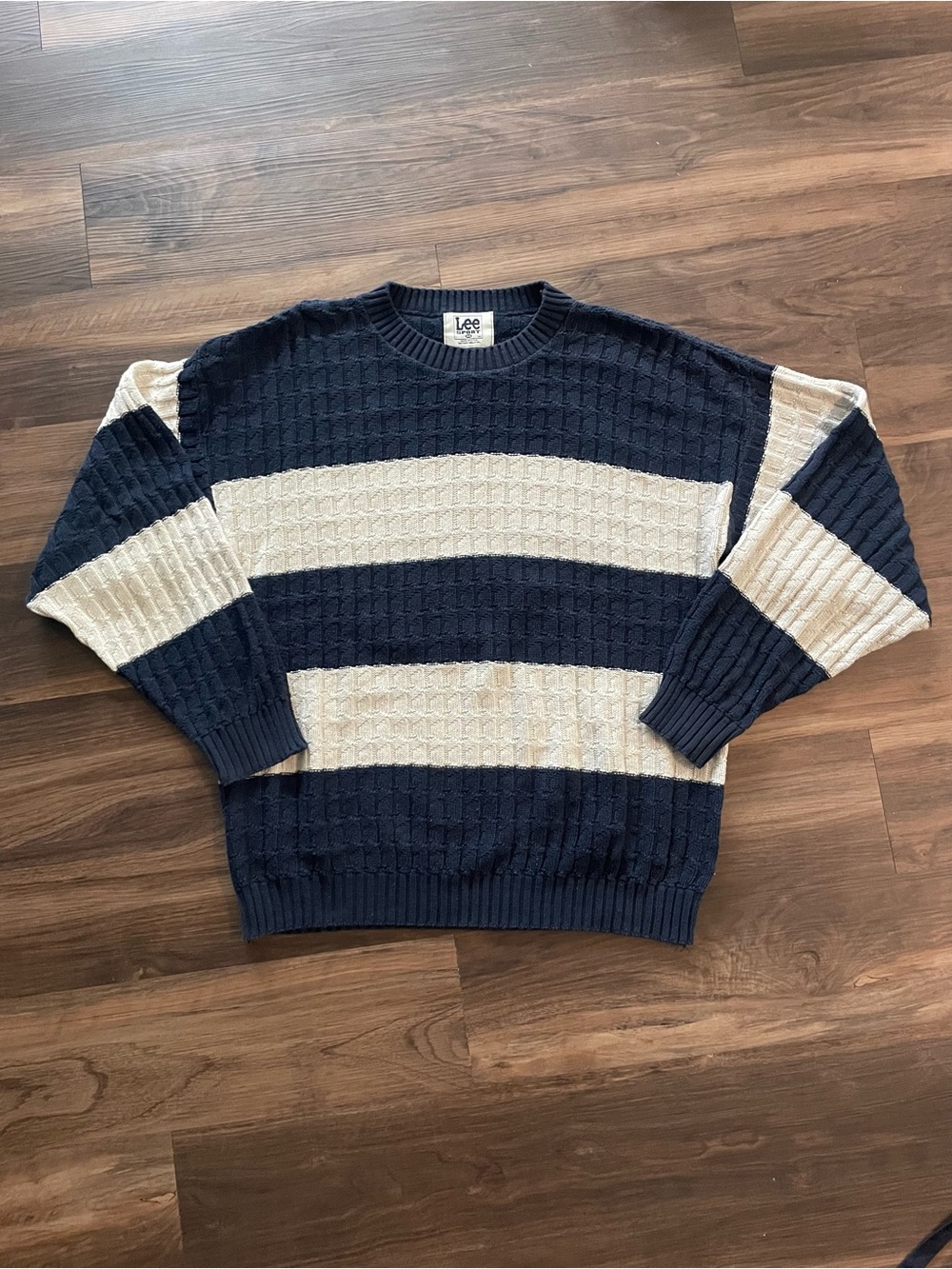 Lee Men’s Navy and Cream Striped Crewneck Sweater